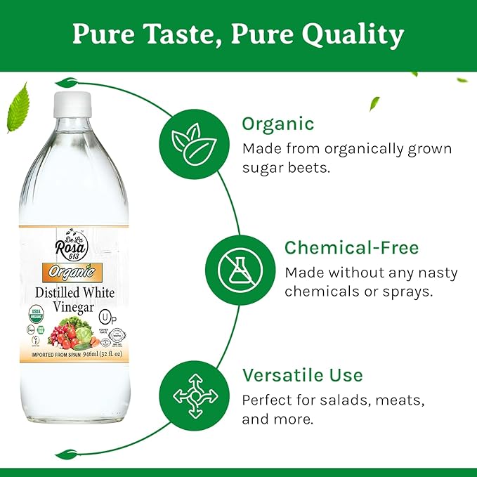 De La Rosa Organic Distilled White Vinegar, White Vinegar Raw & Unfiltered, Kosher for Passover, Vegan & Gluten Free, Great for Salad Dressing, Marinades, 32 Oz (Pack of 2)