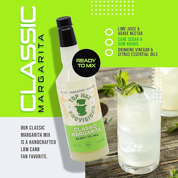 Top Hat Classic Agave Lime Margarita Mix - Handcrafted with Agave Nectar & Natural Lime Juice - Lower in Sugar and Carbs - Cocktail Mix - Margarita Mixer - 32oz Bottle