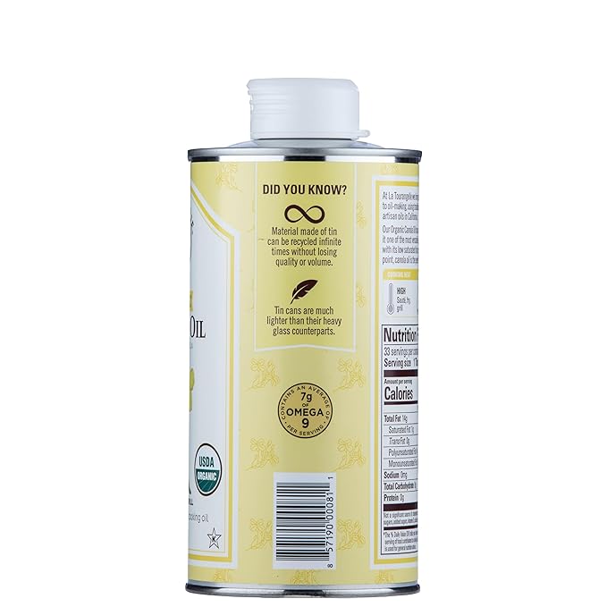 La Tourangelle, Organic Canola Oil, Expeller-Pressed Non-GMO Canola Seeds, Pesticide and Chemical Free, High Heat Neutral Cooking Oil, 16.9 Fl Oz