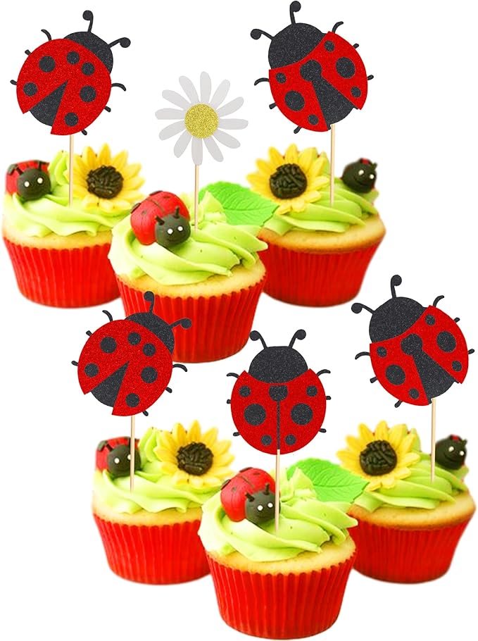 24Pcs Ladybug Cupcake Toppers Flowers Insects Cupcake Picks Garden Theme Baby Shower Kids Birthday Party Cake Decorations Supplies