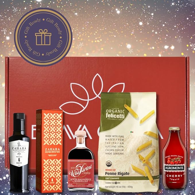 Brava Giulia Italian Gift Box – Extra Virgin Olive Oil, Balsamic Vinegar of Modena, Organic Pasta, and Cherry Tomato Sauce – Imported Gourmet Food Set from Italy