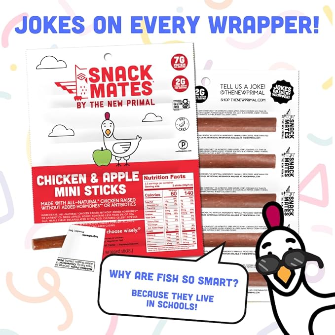 New Primal Snack Mates Chicken & Apple Sticks, Gluten Free Healthy Snacks for Kids, Low Sugar High Protein Back to School Snacks, Mini Paleo Jerky Meat Stick, 7g Protein, 60 Calories, 40 Pack