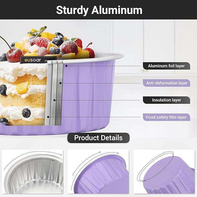 EUSOAR Disposable Ramekins with Lids, Light Purple 25pcs 5oz Creme Brulee Ramekins Disposable, Muffin Liners Cups，Mini Cheesecake Foil Pans Dessert Containers with Lids for Party Favor Birthday