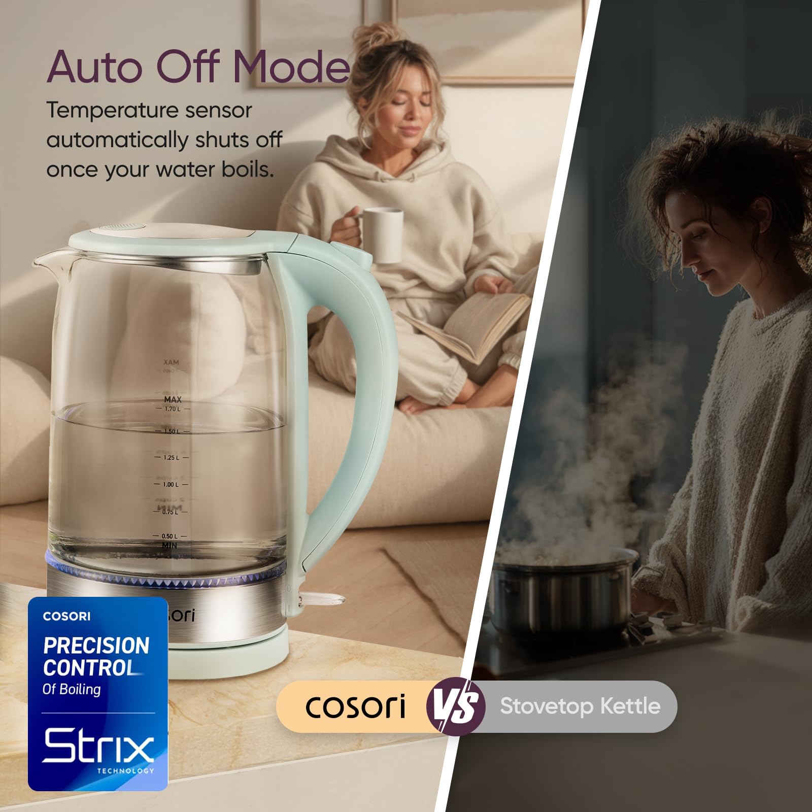 Cosori Electric Kettle, No Plastic Contact with Water, 1.7L, Green