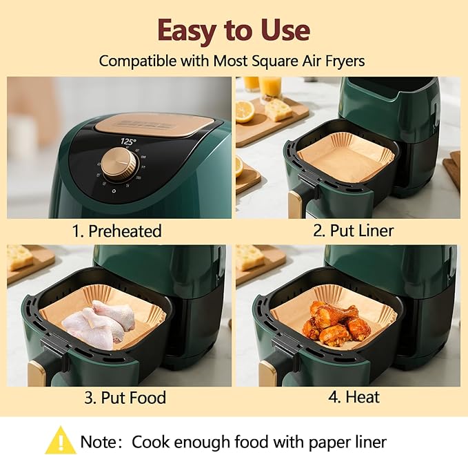 9 Inch Air Fryer Liners Disposable-125PCS Square Parchment Paper Liners,Heat Resistant & Non-Stick,Unbleached Liners for Air Fryer,Oven,Roasting,Baking,Microwave竊뉰ottom is 8 Inchç«?,<div>