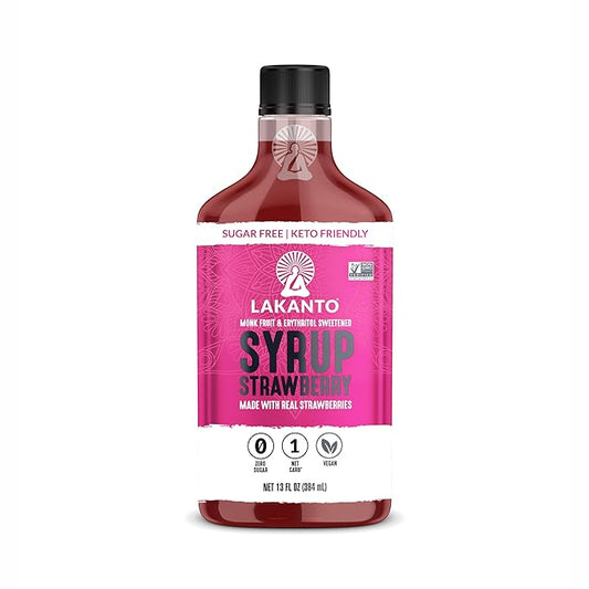 Lakanto Sugar Free Strawberry Syrup - Sweetened with Monk Fruit Sweetener and Erythritol, Made with Real Strawberries, Perfect for Pancakes, Waffles, French Toast, Ice Cream, Lemonade, Desserts, Snacks, and more - 13 fl oz