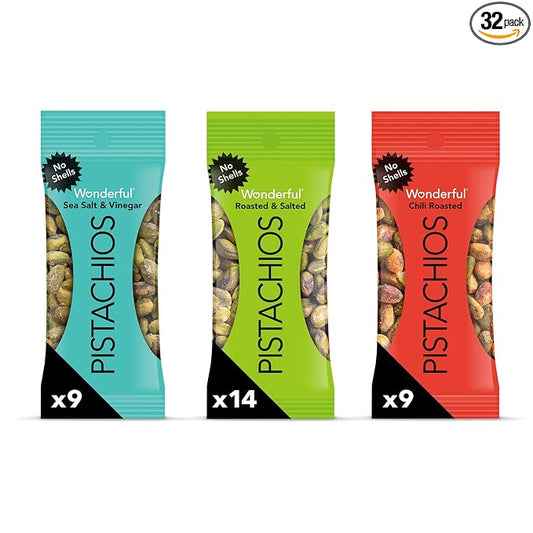 Wonderful Pistachios No Shells, 3 Flavors Mixed Variety Pack of 32 (0.75 Ounce), Roasted & Salted Nuts (14), Chili Roasted (9), Sea Salt & Vinegar (9), Protein Snacks, Gluten Free, Bulk Snacks, Boo Basket Stuffers