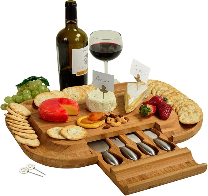 Picnic at Ascot Personalized Monogrammed Engraved Bamboo Cutting Board for Cheese & Charcuterie - includes Knife Set & Cheese Markers- Designed & Quality Checked in USA