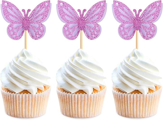 24PCS Butterfly Cupcake Toppers 3D Double Layers Hollow Cupcake Picks Baby Shower Cake Decorations Supplies for Butterfly Theme Wedding Anniversary Baby Shower Party Purple