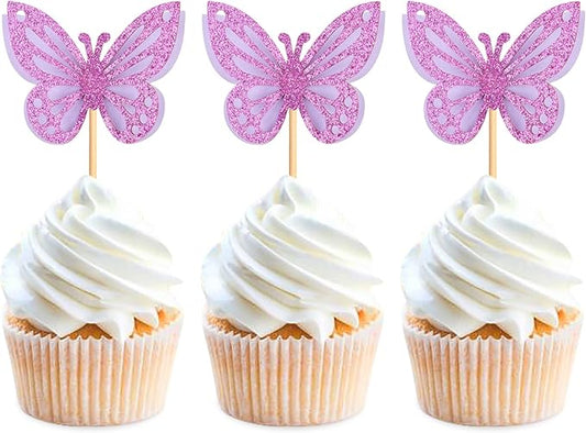 24PCS Butterfly Cupcake Toppers 3D Double Layers Hollow Cupcake Picks Baby Shower Cake Decorations Supplies for Butterfly Theme Wedding Anniversary Baby Shower Party Purple