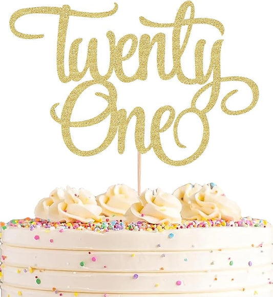 Twenty One Cake Topper - Gold Glitter 21st Birthday Cake Decorations Supplies - Cheers to 21 Years Birthday Party Cake Decor Decoration Photo Booth Props