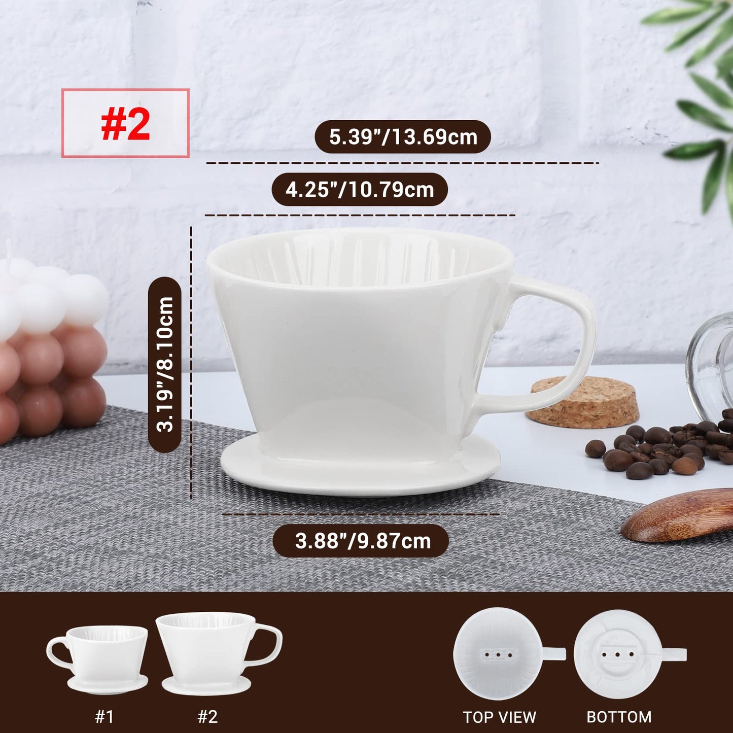 Segarty Pour Over Coffee Maker, Single Cup White Ceramic Coffee Dripper, Size No.2 Reusable Filter