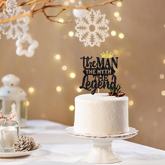 Rsstarxi 1 Pack The Man The Myth The Legend Cake Topper Glitter Happy Father's Day Cake Pick Dad's Birthday Theme Cake Decorations for Happy Retirement Theme Father's Birthday Party Supplies Black
