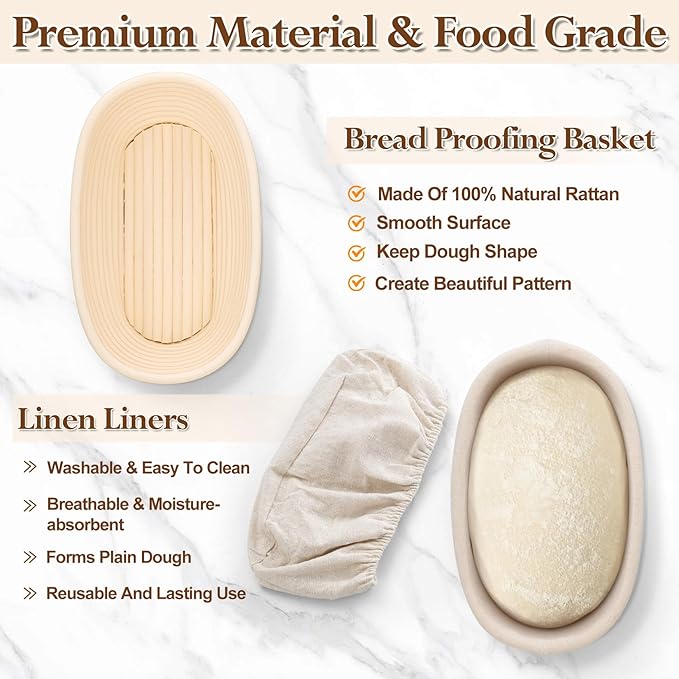 P&P CHEF Sourdough Bread Proofing Basket Set of 6, 10 Inch Oval Dough Proofing Bowls, Sourdough Bread Baking Supplies for Bakers, Handmade Rattan Baskets with Cloth Liner