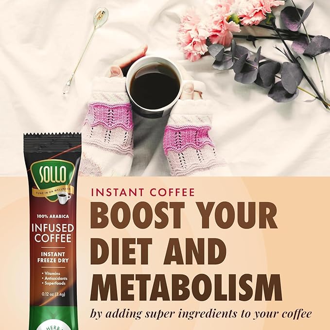 Sollo Detox Infused Instant Coffee Sticks (24 Servings) Weight Loss, Healthy Body Support, Slim, Medium Roast, 100% Arabica & Freeze Dried Coffee in Single Serve Sticks.