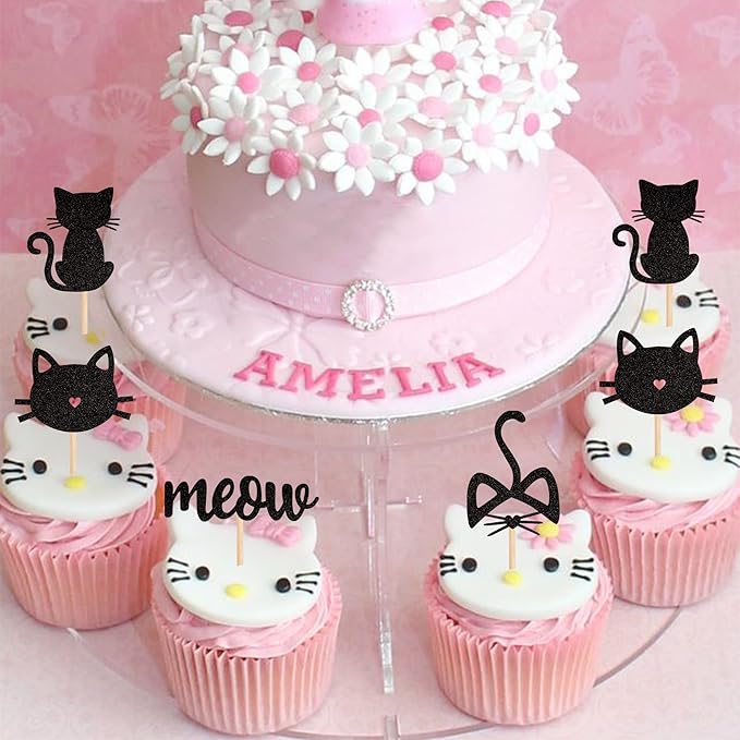 24 Pack Cat and Meow Cupcake Toppers Black Glitter Kitten Cat Cupcake Food Picks Cat Lover Kitten Theme Baby Shower Kids Birthday Wedding Party Cake Decorations Supplies