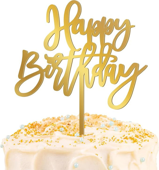 1 PCS Acrylic Cake Topper, 5.1 x 7 Inches Happy Birthday Cake Sign, Mirror Birthday Cake Toppers for Children or Adults Cake Inserts, Birthday Cake Decorations and Desserts Supplies
