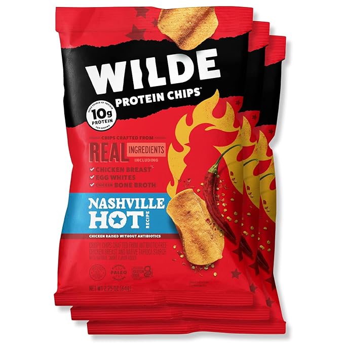 WILDE Nashville Hot Protein Chips, Thin and Crispy, High Protein, Keto friendly, Made with Real Ingredients 2.25oz Bags (Pack of 3)??,<div>