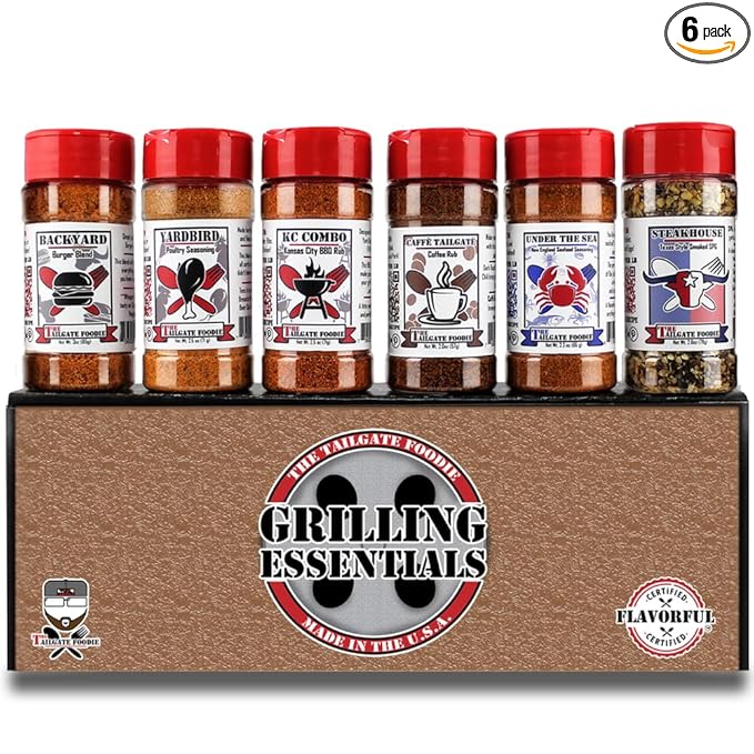THE TAILGATE FOODIE Rare Pitmaster Gourmet Seasonings | 8 pc Grill Essentials Gift Set | 6 Secret Competition BBQ Spice Blends for Ribs, Pork, Brisket, Chicken, Fish, Steak *Great Christmas Gift*