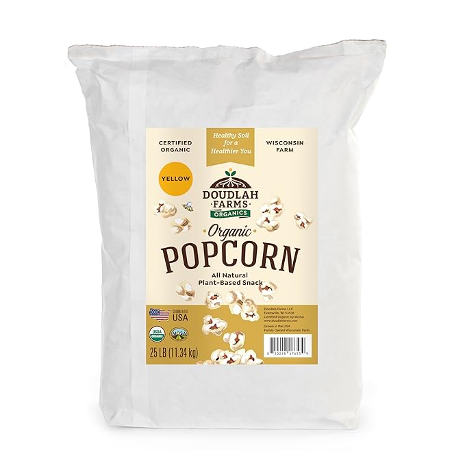 Organic Yellow Popcorn Kernels Unpopped 25 lb Bulk - Healthy, Non-GMO, Gluten-Free, Pesticide-Free, Chemical-Free, Glyphosate-Free, Grown in Regenerative Soil in Wisconsin USA by Doudlah Farms