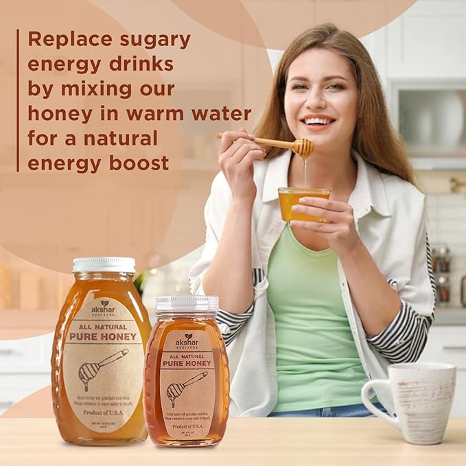 Akshar Ayurveda - 16 Oz Pure Honey (454 Grams) - All Natural USA Honey - Smooth & Easy to Pour, Stored in Glass Jar - Natural Superfood Ingredient for Cooking, Baking or Eating Raw