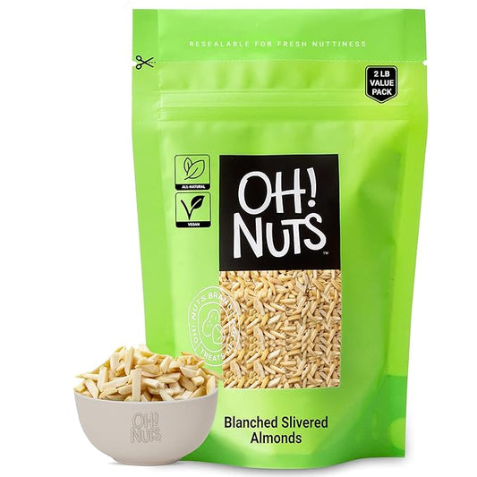 Oh! Nuts Almonds Blanched Slivered - Raw - 100% Natural - 2 lb - High-Protein Almond - Packed in New York Zip-Seal Bag for Exceptional Freshness
