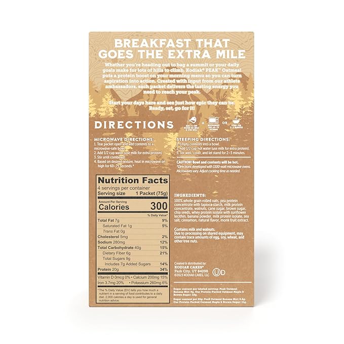 Kodiak Cakes Peak Instant Oatmeal Packets, Banana Nut, High Protein,100% Whole Grains, 6 box with 4 packets each (Total of 24 packets)