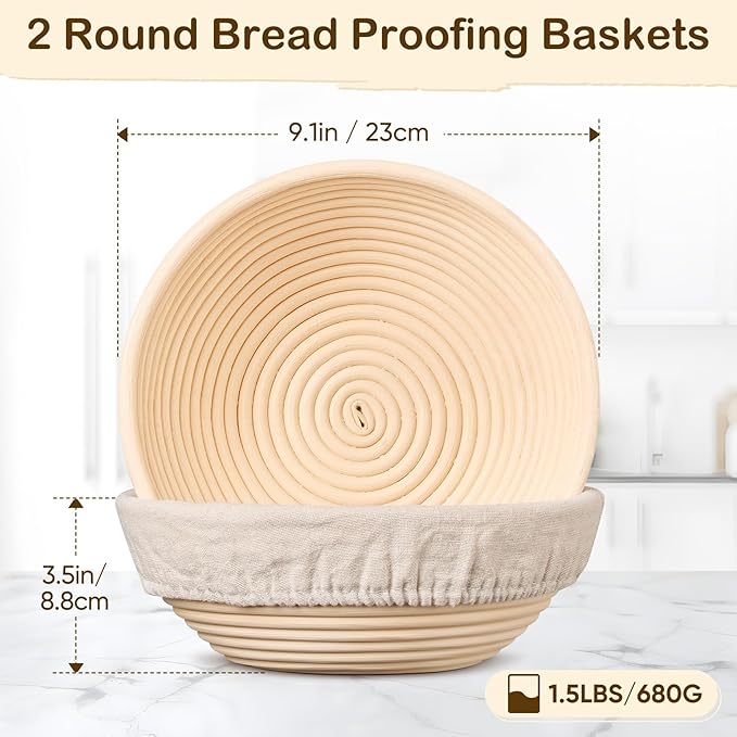 TeamFar Bread Proofing Basket Set of 2, Sourdough Bread Baking Supplies, 9 Inch Round Proofing Baskets for Sourdough Bread Baking, Proofing Bowls with Liner for Dough Fermentation