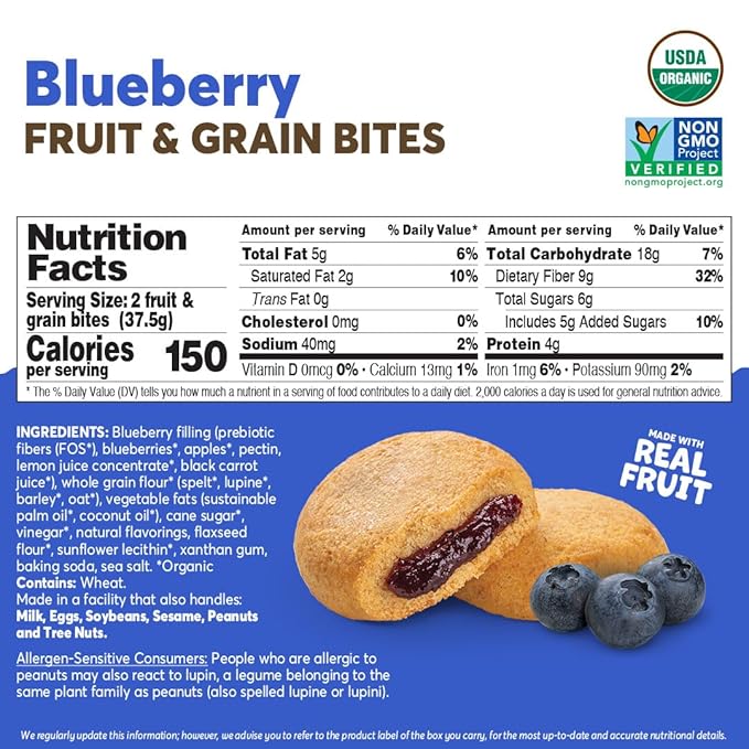 Olyra Blueberry Organic Bars, Prebiotic High Fiber Bars, Healthy Snacks for Kids, Low Sugar, Vegan, Office Bar, USDA Certified Organic, Non GMO (Pack of 12)