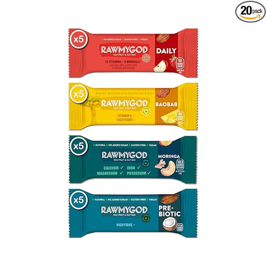 RAWMYGOD Fruit and Nut Bars, Gluten Free, Vegan, No Added Sugar (20 bars, Vitality Pack - 5 Prebiotic, 5 Moringa, 5 Baobab, 5 Daily)