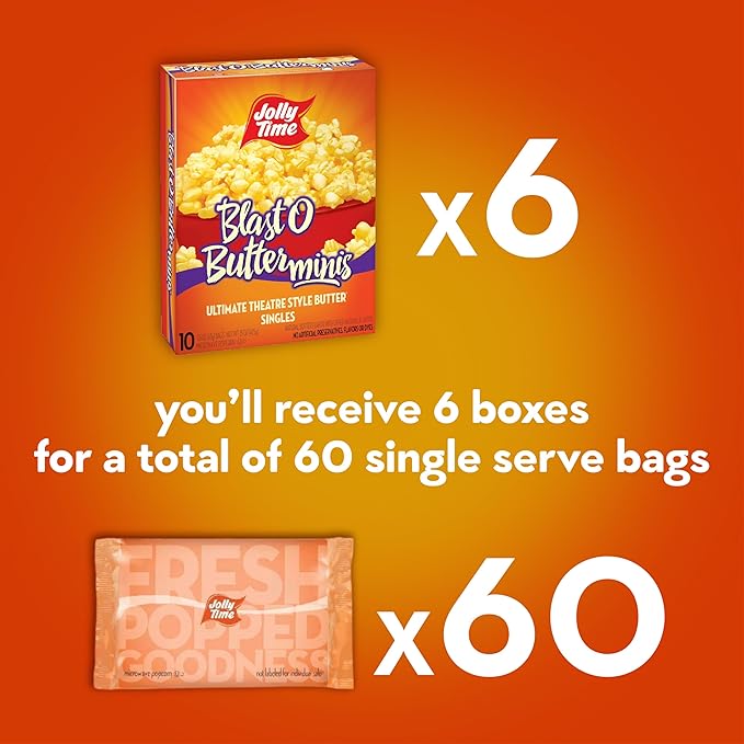 Jolly Time Blast O Butter, Ultimate Movie Theater Butter Microwave Popcorn, 1.5oz Personal Bag, 10 Bags Per Carton (Blast O Butter Minis,1.5 Ounce (Pack of 60))