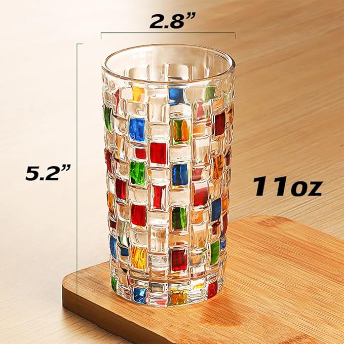 4 Pcs Christmas Colorful Glass Cups，Drinking Glassware Cocktail Glasses for Iced Coffee Juice Tea Beverage Milk Wine