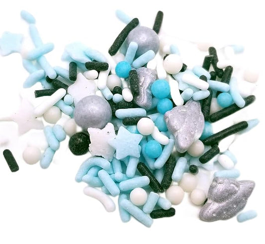 NCS Blue, Silver, White, and Black UFO Spaceship Edible Candy Sprinkles, 8 ounces - Great for Cupcakes, Cookies, Cakes, Cakes Pops, Donuts