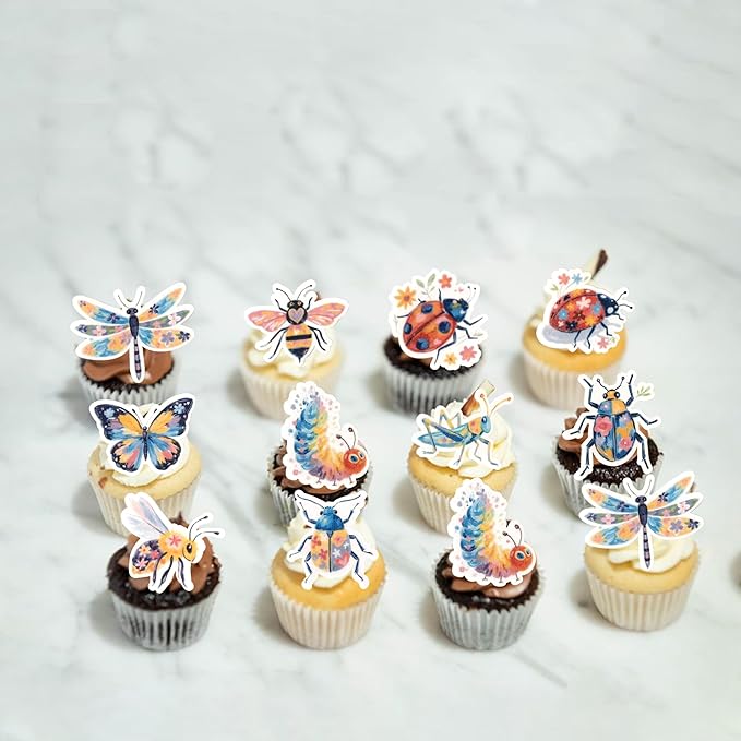 60 Pack Edible Green Caterpillar Cupcake Topper Wafer Paper Nature Insect Hungry Caterpillar Dragonfly Cupcake Picks Happy Birthday Anniversary Wedding Cake Decorations Party Color 1