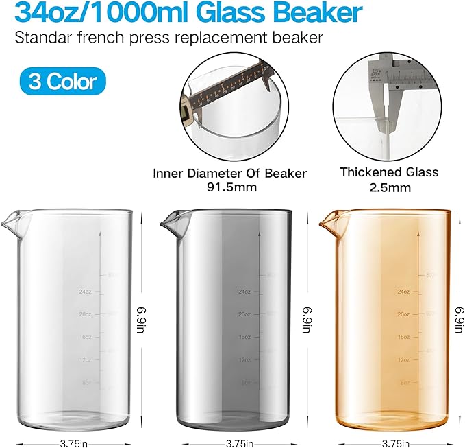Standard Universal Design 34 oz French Press Replacement Glass Beaker, Fits Most Brands French Press Coffee Makers (1Quart / 1000ml / 5-6 Cup) Coffee Press Borosilicate Glass Bottle