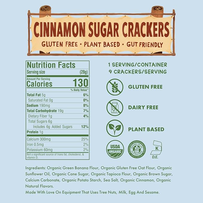 Fair & Square Gluten Free Graham Crackers Powered by Gut Friendly, Prebiotic Banana Flour | Organic, Vegan, Dairy Free, Allergen Friendly, Nut Free, High Calcium, Kosher | 4 oz (Pack of 2) - Cinnamon Sugar Graham Crackers