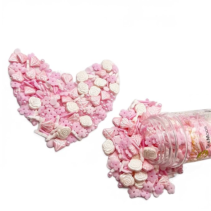 SE Si&Moos Pink Sprinkles Edible Pink Flowers for Cake Decorating Spring Sprinkles Cake Sugar Pearls Edible Icing Flowers Rose and Diamond Candy for Decorating Cake,Cupcake,Ice Cream,Donuts and Lollipops 3 OZ