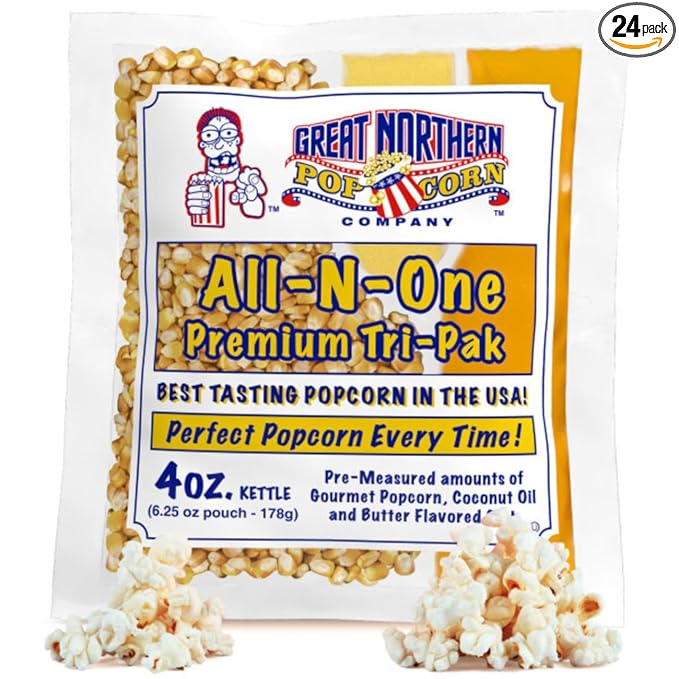 4oz Popcorn Machine Popcorn Packets - All-in-One Movie Theater Style Popcorn Kernels, Salt, and Oil Packs by Great Northern Popcorn (24 Case)