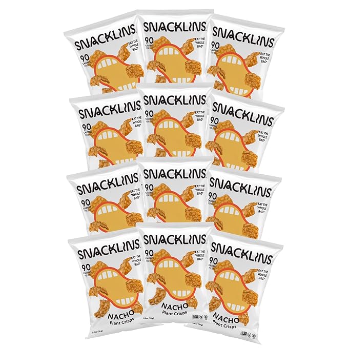 SNACKLINS Plant Based Crisps NACHO - Gluten Free, Grain Free, 100% Kosher, Vegan Healthy Snacks, Crunchy Puffed Snack, Just 90 Calories Per Bag - .9oz Bag (Case of 12)