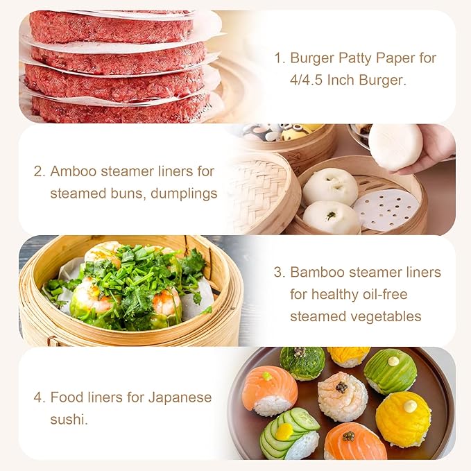 200pcs Air Fryer Liners, 5 inches Bamboo Steamer Liners, Premium Perforated Parchment Steaming Papers, Non-stick Steamer Mat Liner for Air Fryers Baking Cooking Oven
