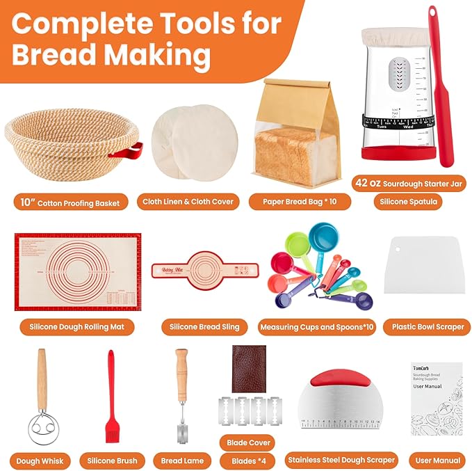 TomCare Sourdough Starter Kit 38PCS Sourdough Bread Baking Supplies, 42oz Glass Starter Jar 10'' Round Cotton Bread Proofing Basket 10pcs Bread Bags 10pcs Measuring Cups Silicone Baking Mat Tools