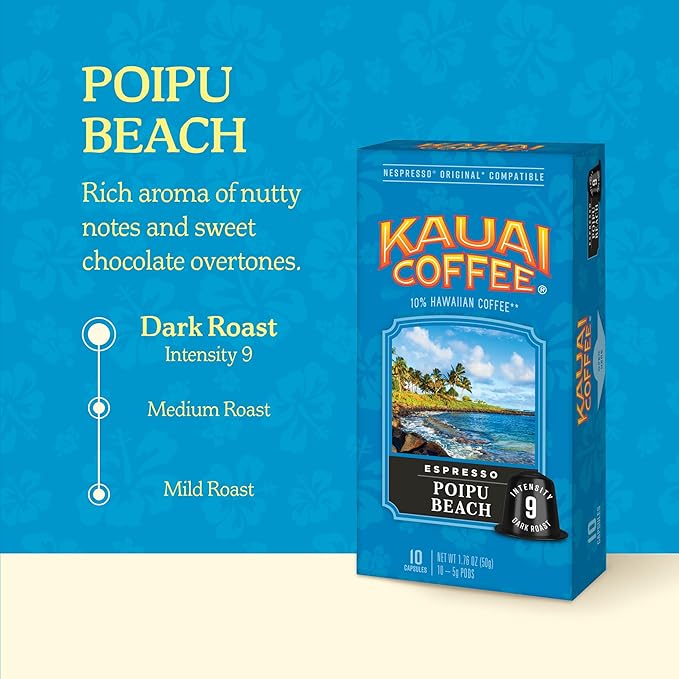 Kauai Coffee Espresso Pods Compatible with Nespresso Original Coffee Makers – Arabica Coffee, 10% Hawaiian – Dark Roast, Rich Cocoa & Smoky Finish – Poipu Beach, 1 Pack of 10 Espresso Pods