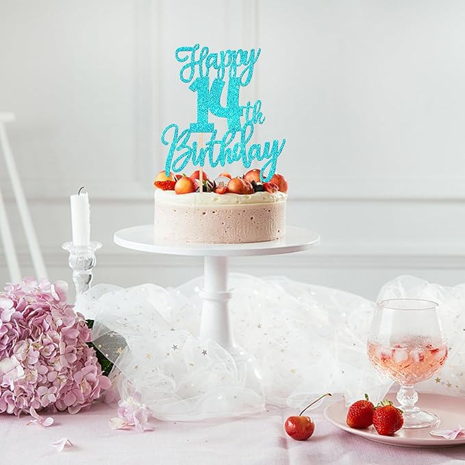 1 PCS Happy 14th Birthday Cake Topper Glitter Cheers to 14 Years Birthday Cake Pick Fourteen Hello 14 Fabulous Cake Decoration for Happy 14th Birthday Anniversary Party Decorations Supplies Blue
