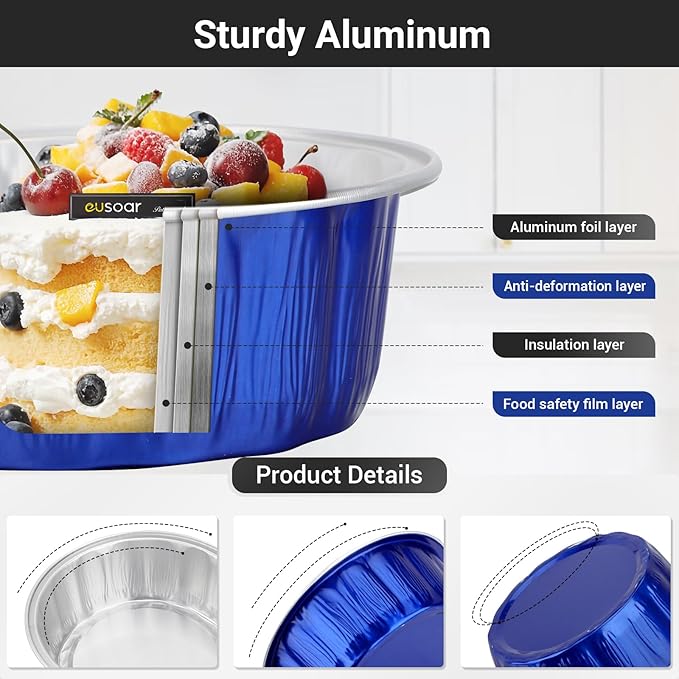 EUSOAR Aluminum Pans with Lids, 50pcs 9oz Dark Blue Disposable Ramekins with Lids, Cake Transport Container Bakery Cheesecakes Muffins Pie Round Holders for Wedding Birthday Theme Party