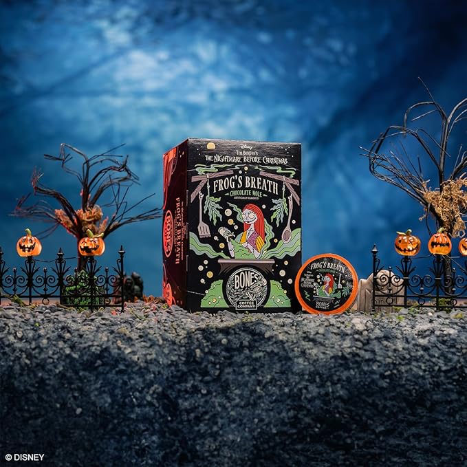 Bones Coffee Company Frog's Breath, Chocolate Mole Flavored Coffee Pods, Low Acid Medium Roast Single-Serve Bones Cups for K-Cups Brewers Coffee Maker from The Nightmare Before Christmas, 12 Count