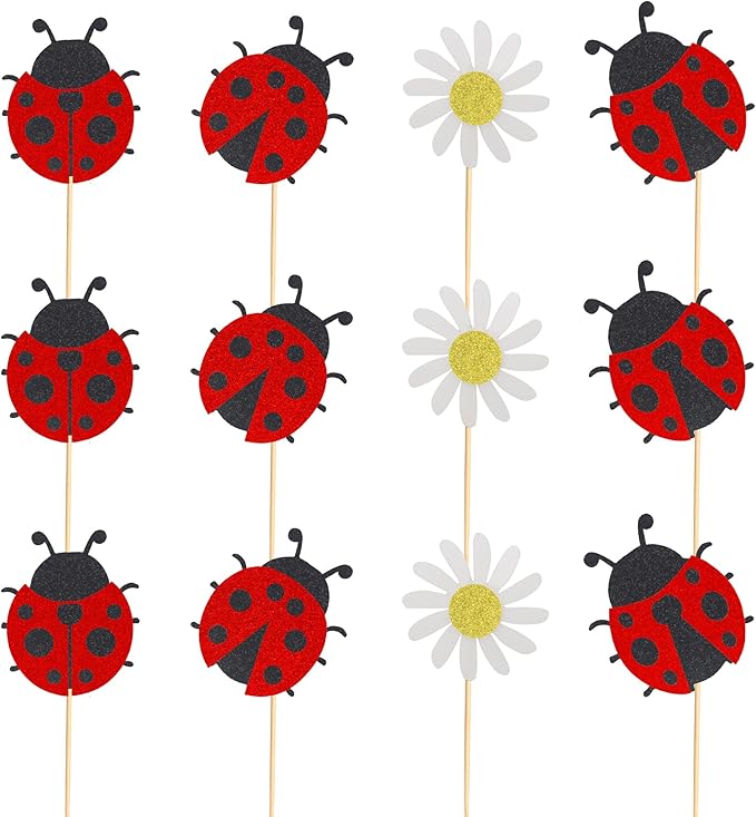 24Pcs Ladybug Cupcake Toppers Flowers Insects Cupcake Picks Garden Theme Baby Shower Kids Birthday Party Cake Decorations Supplies
