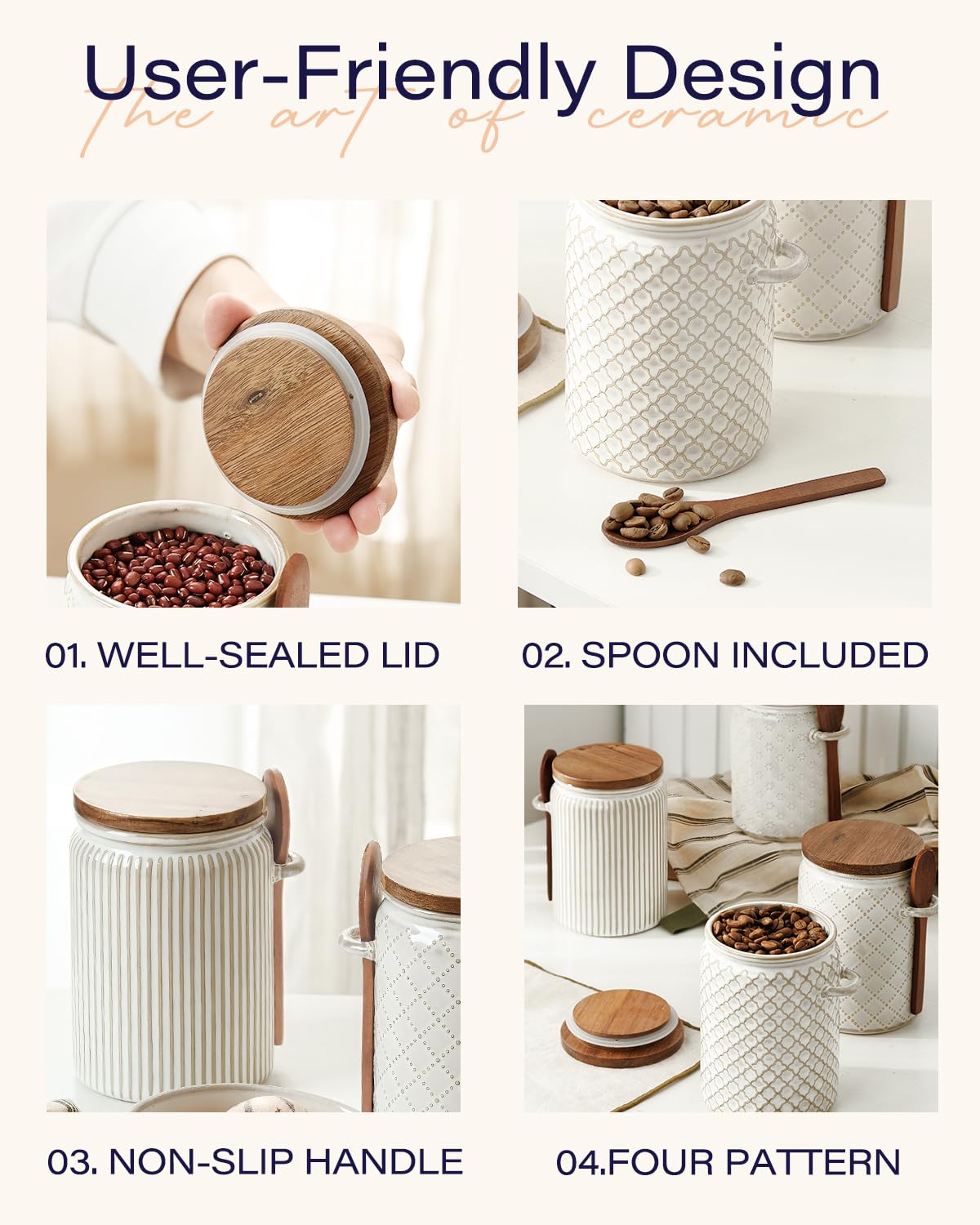 getstar Small Canisters Sets for the Kitchen, 18 oz Sugar Coffee Tea Storage Containers, Ceramic