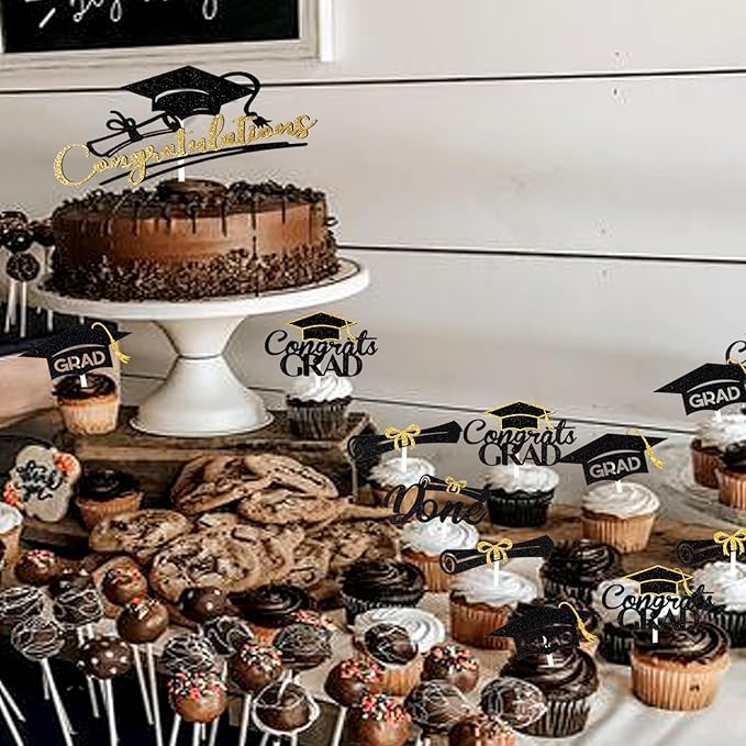 25Pcs Graduation 2024 Cake Topper Glitter Class of 2024 Cupcake Toppers 2024 High School University College Graduation Party Cake Decorations Supplies, Black and Gold
