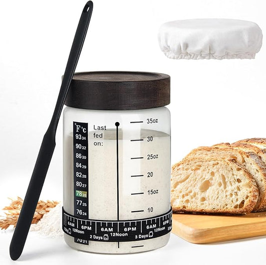 Sourdough Starter Jar, 35 oz Sourdough Starter Kit with Date Marker Feeding Band, Thermometer, Food-Grade Scraper, Cloth Cover and Acacia Wood Lid, Sourdough Bread Baking Supplies