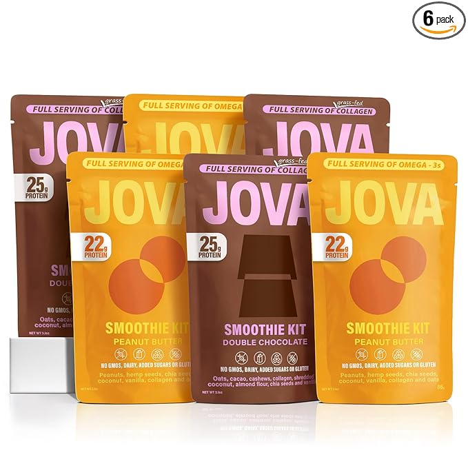 JOVA Peanut Butter & Double Chocolate Smoothie Kit | Creamy, Nutritious & Ready in 1 Minute | 22g+ Protein, 10g Fiber (Gluten-Free, Non-GMO, No Added Sugar), 6-Pack